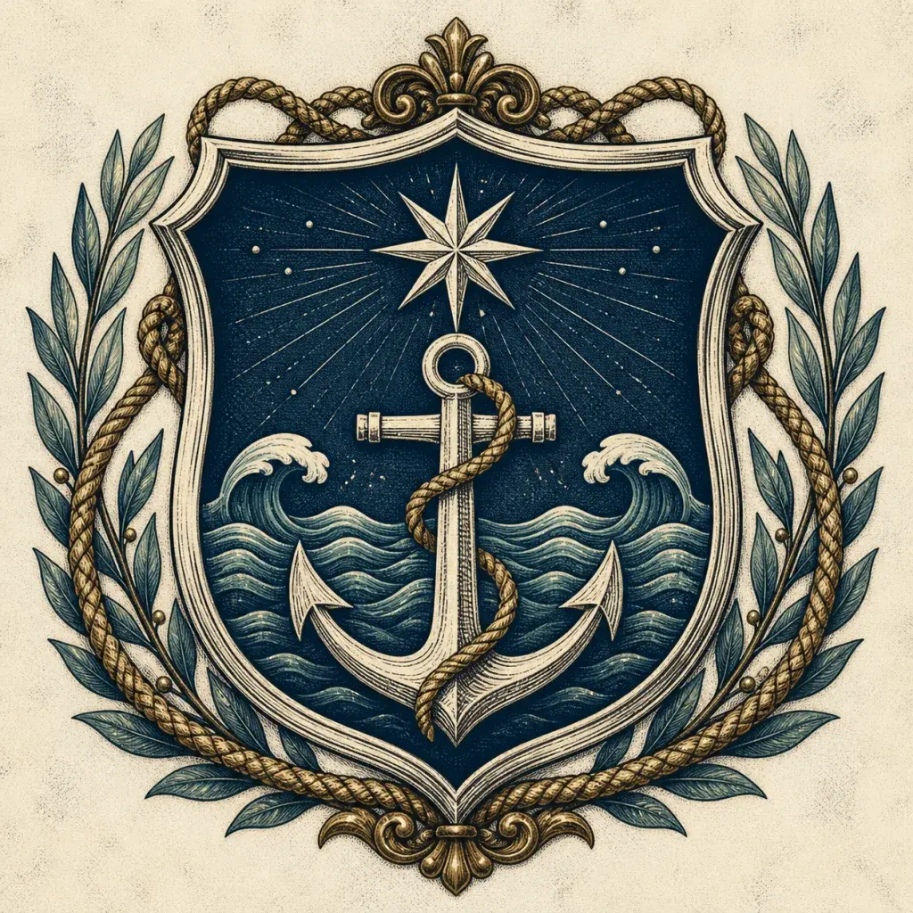 Maritime family crest example with an anchor, guiding star, waves, and rope ornaments