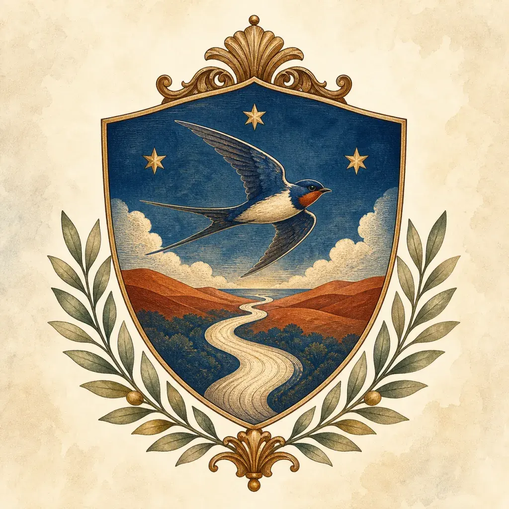 Family crest with a flying swallow, winding river path, three stars, and olive branches