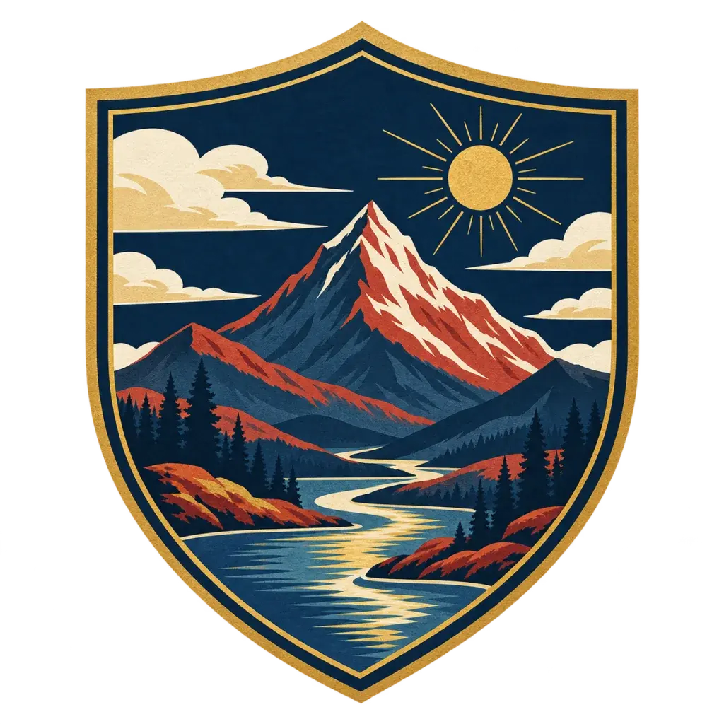 Modern minimalist family crest example with a mountain, river, and rising sun
