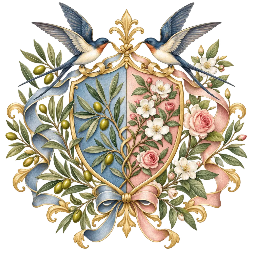 Newlywed family crest example with two swallows and intertwined flowering branches