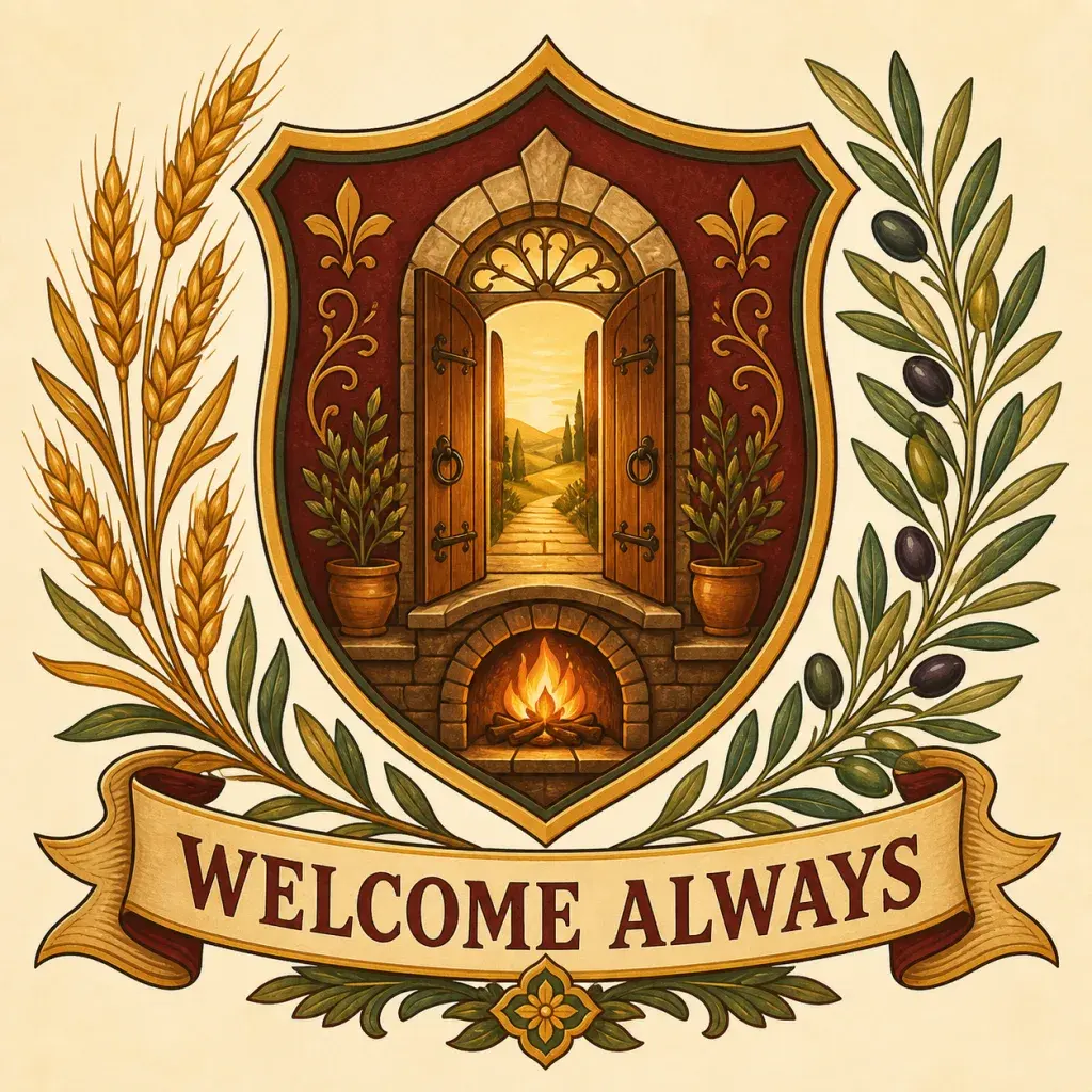 Family crest with an open doorway, hearth, wheat, olive branches, and the motto Welcome Always