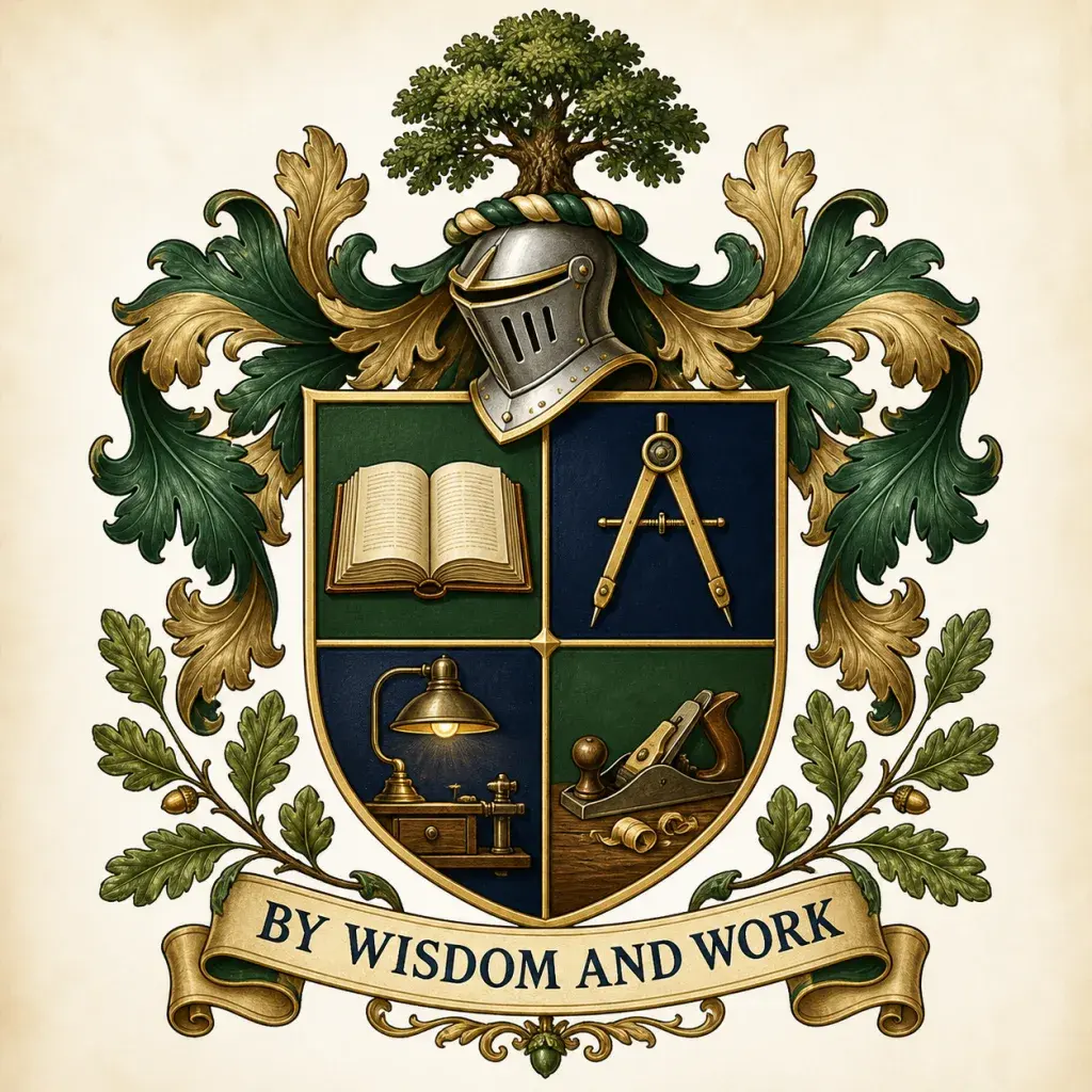 Family crest with a book, compass, workshop lamp, oak leaves, and the motto By Wisdom and Work