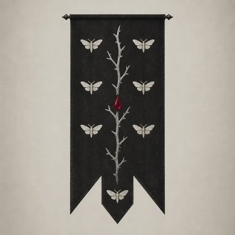 Gothic guild sigil with a thorn and moths