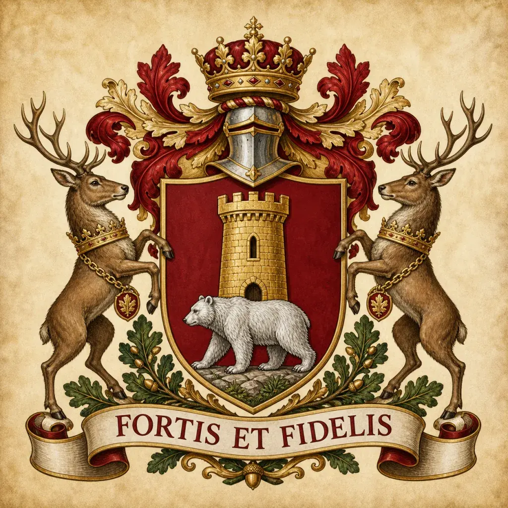 Ceremonial coat of arms with a bear, tower, stag supporters, and the motto Fortis et Fidelis