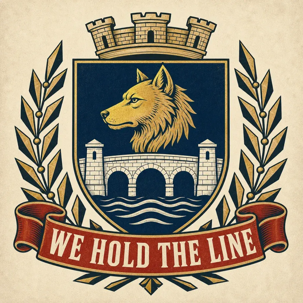 Civic coat of arms with a golden wolf, stone bridge, and the motto We Hold the Line