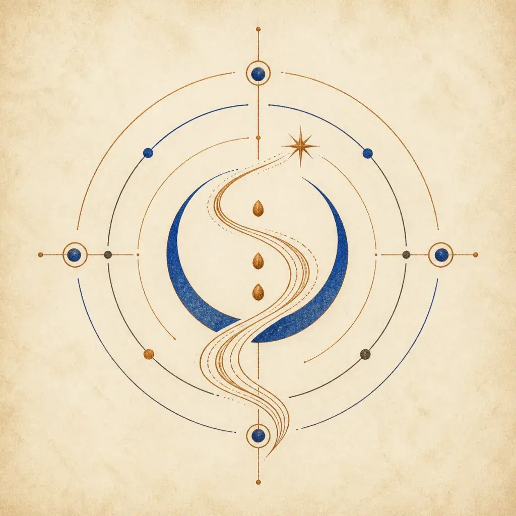 Original celestial sigil with crescent, comet trail, seed dots, and orbital arcs