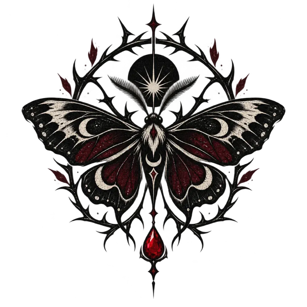 Original gothic sigil with moth wings, a thorn arch, and ruby drop