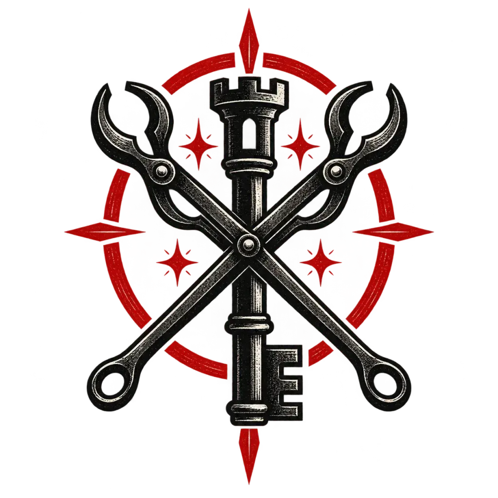 Guild sigil combining a hammer, compass, and geometric frame