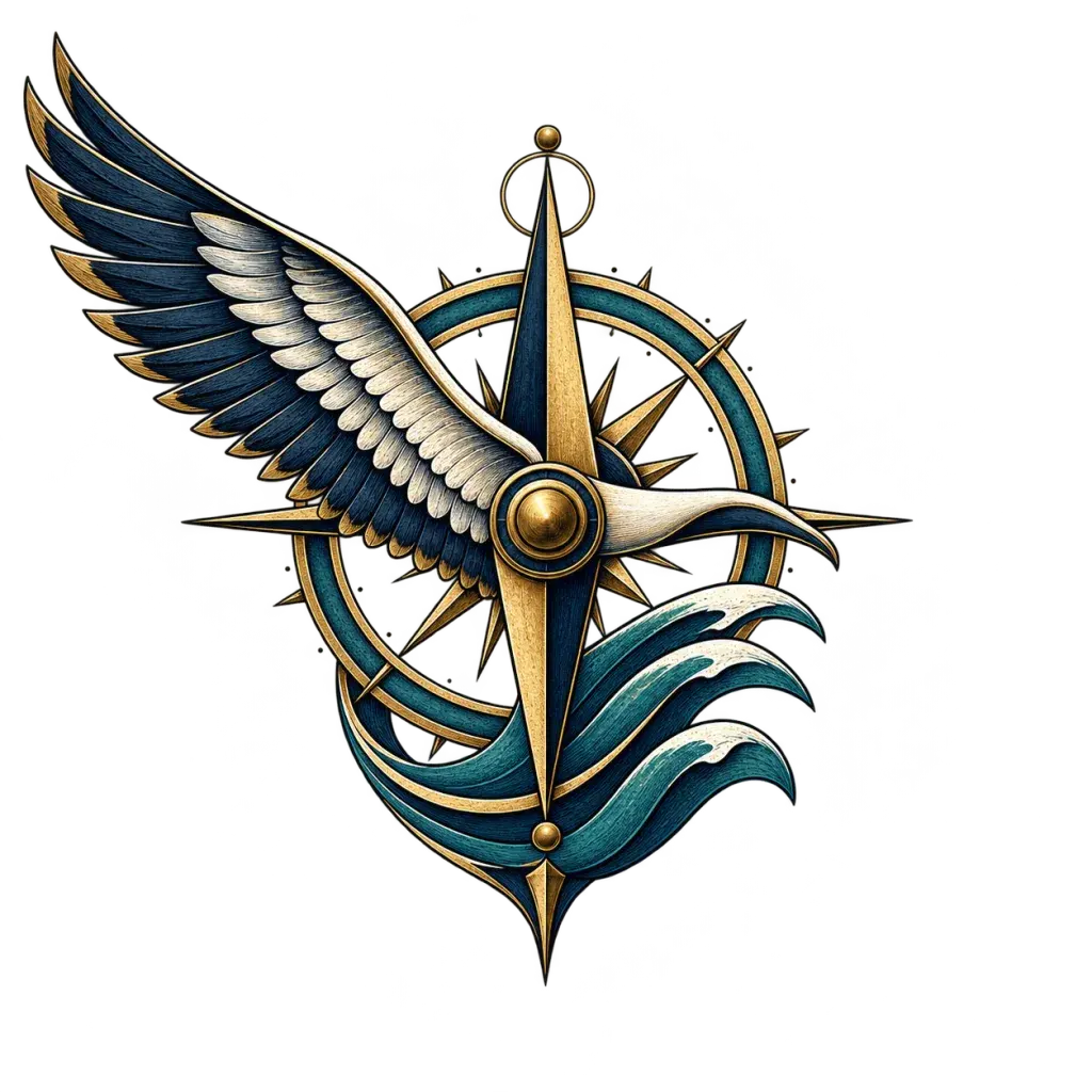 Original nautical sigil with compass needle, albatross wing, and waves
