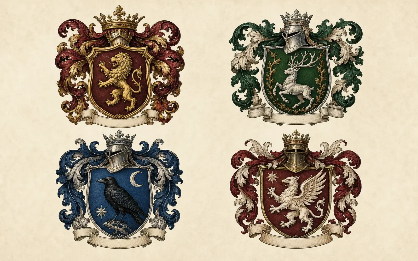 A collection of original heraldic crests using animals, plants, tools, and geometric charges