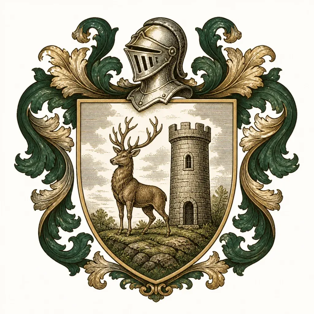 Traditional engraved family crest with a stag and stone tower