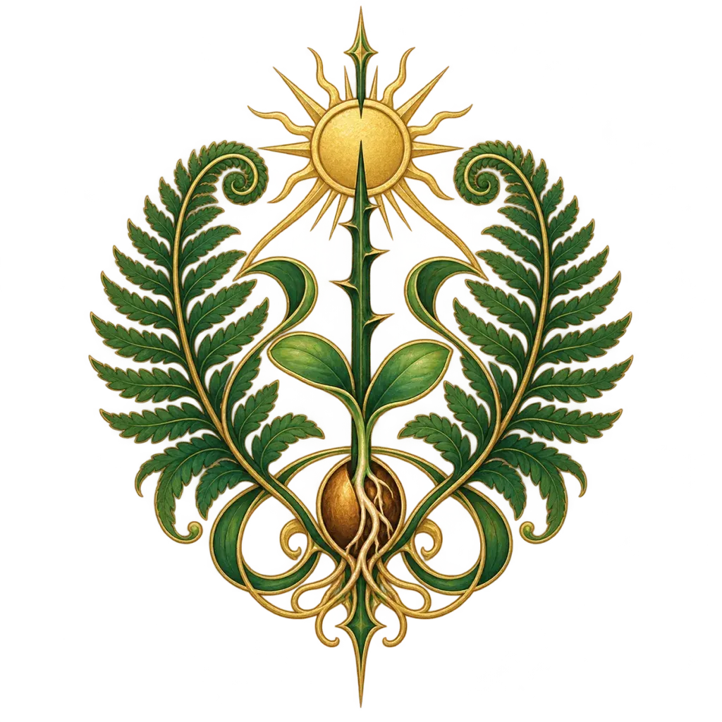 Botanical sigil with a sprouting plant and balanced circular geometry