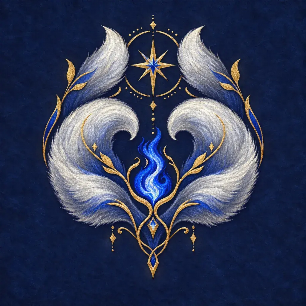 Fantasy house sigil with a fox, flame, and angular frame