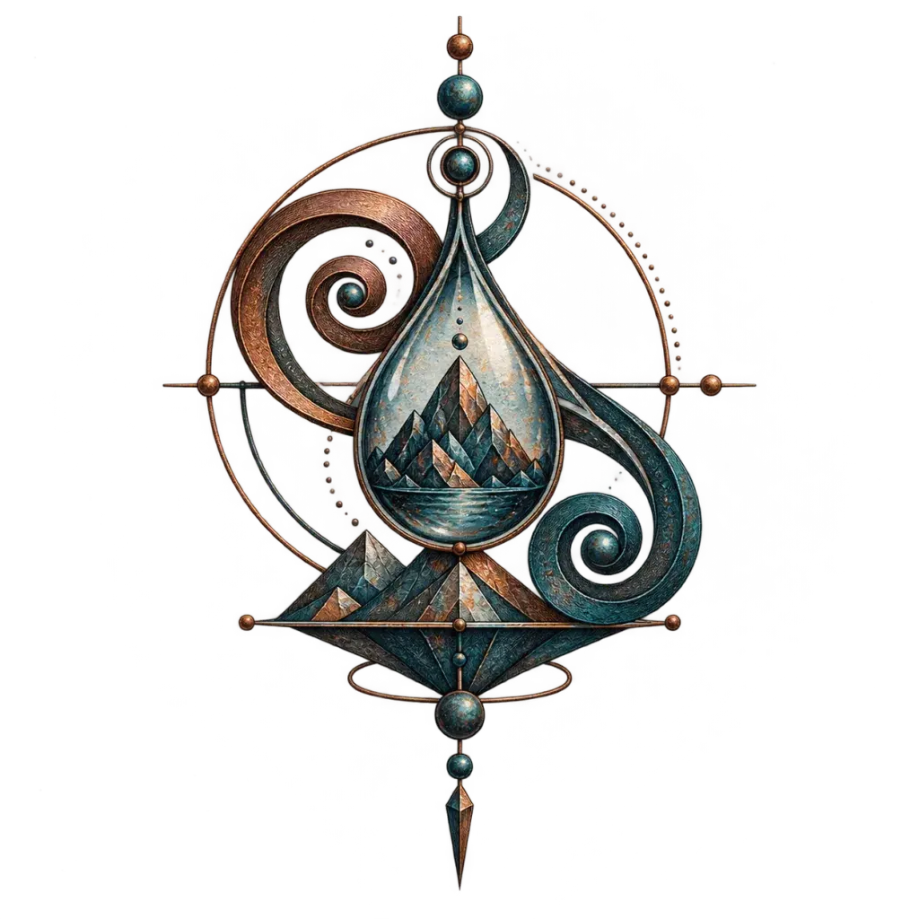 Original geometric sigil with intersecting curves, water, and mountain forms