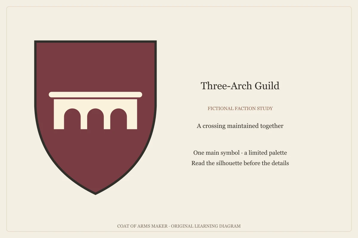 A pale three-arched bridge on a red shield, the fictional Three-Arch Guild emblem.