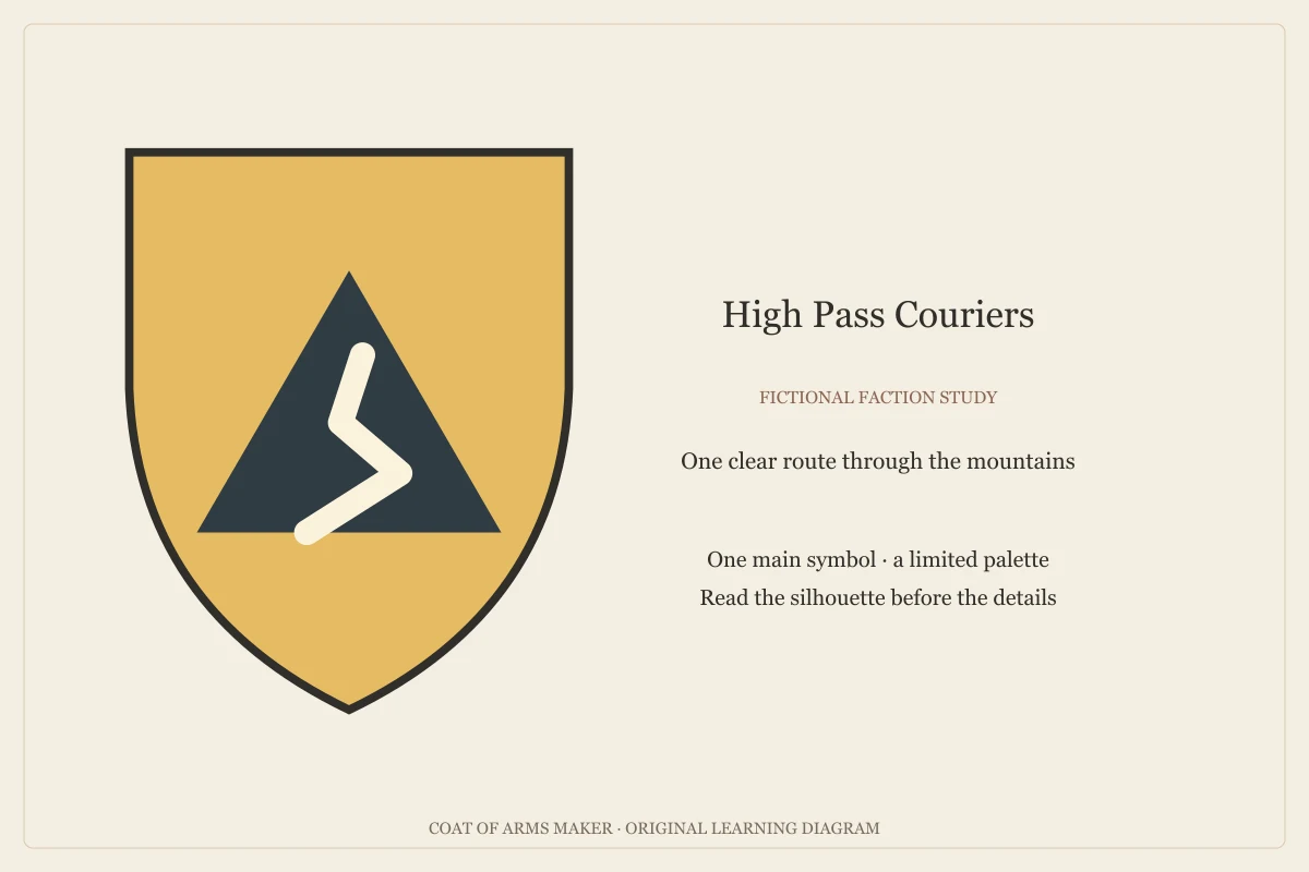 A dark mountain with a pale winding path on a gold shield, the fictional High Pass Couriers emblem.