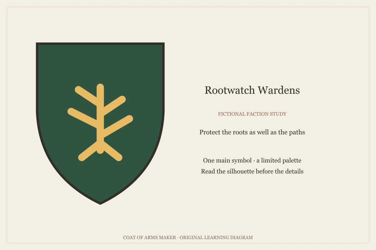 A gold branching tree on a green shield, the fictional Rootwatch Wardens emblem.