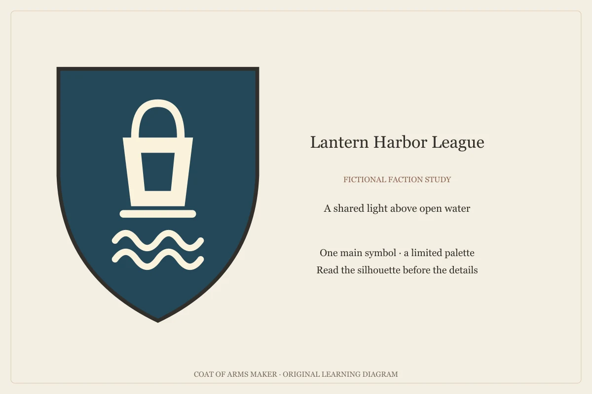 An ivory lantern above two waves on a blue shield, the fictional Lantern Harbor League emblem.