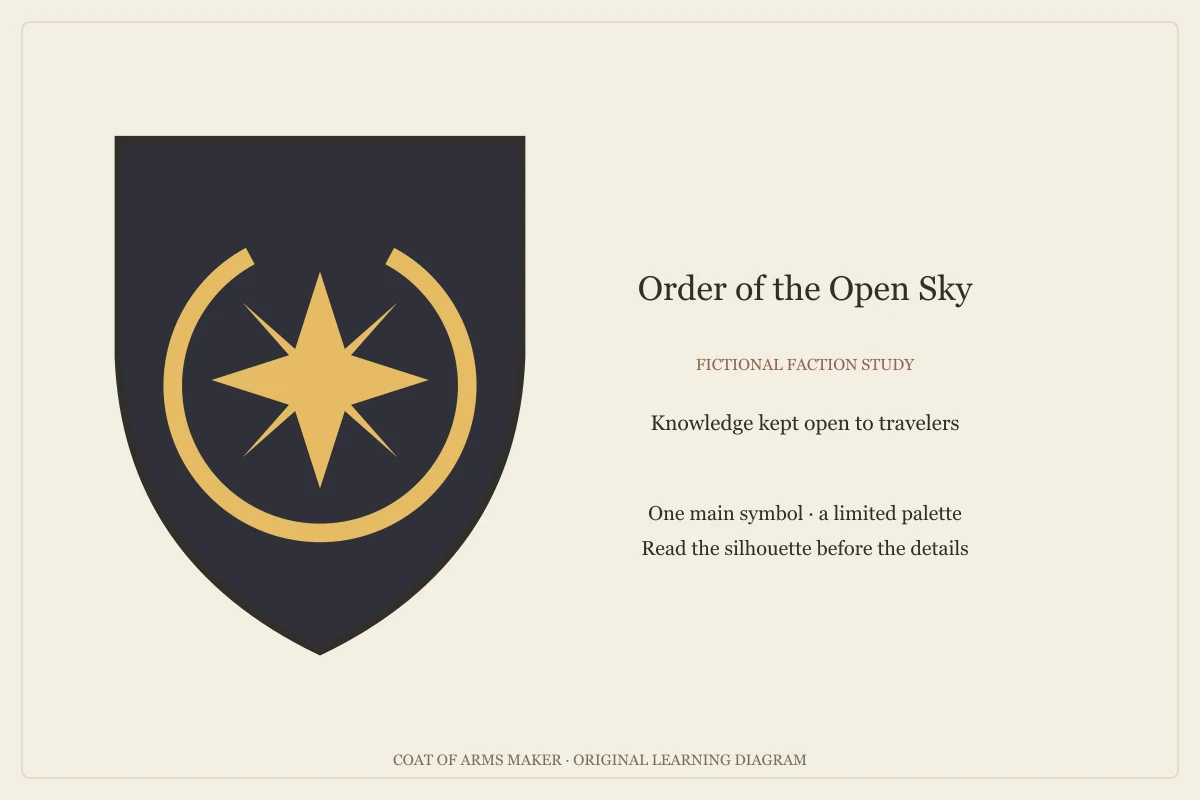A gold eight-point star within an open ring on a dark shield, the fictional observatory order emblem.