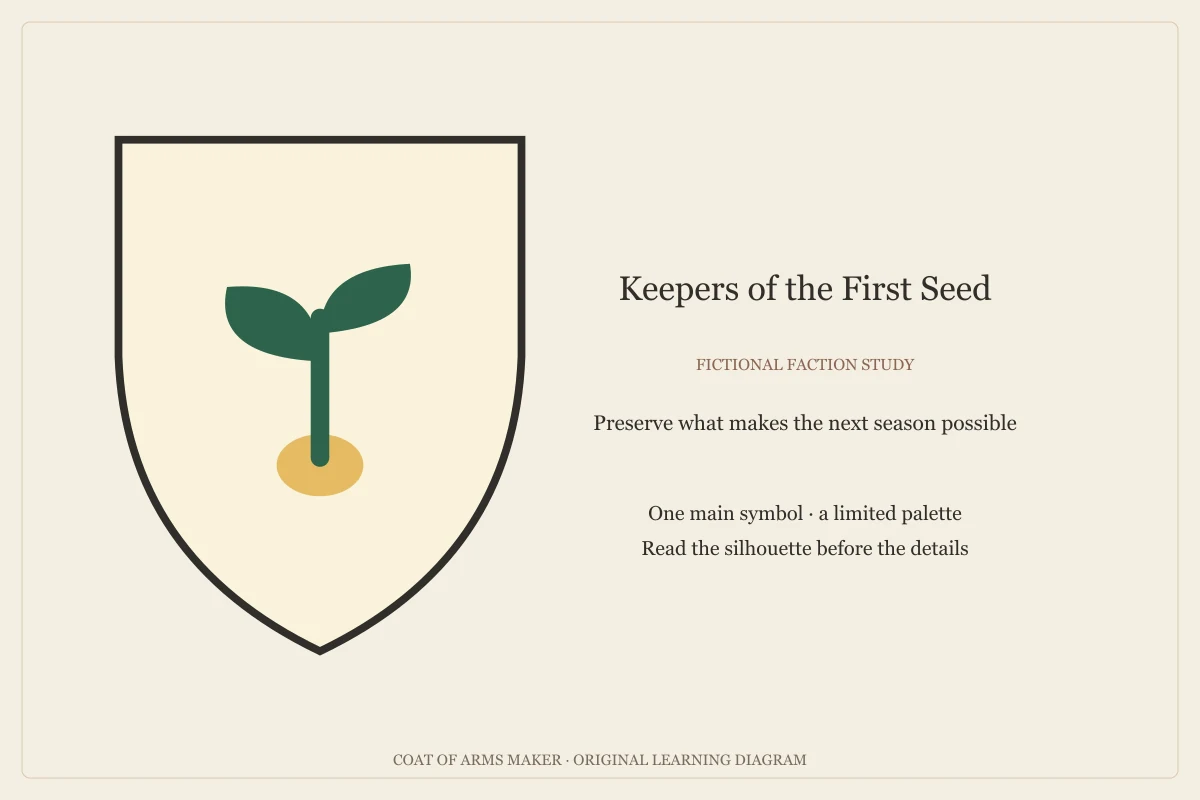 A green seedling rising from a gold seed on an ivory shield, the fictional seed keepers emblem.