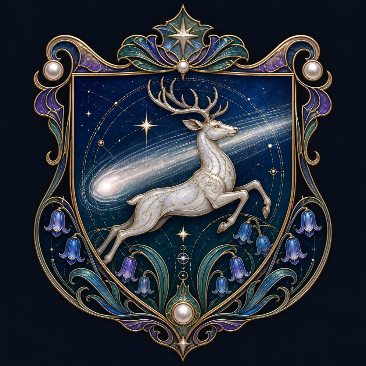Art Nouveau enamel crest with a comet and silver stag