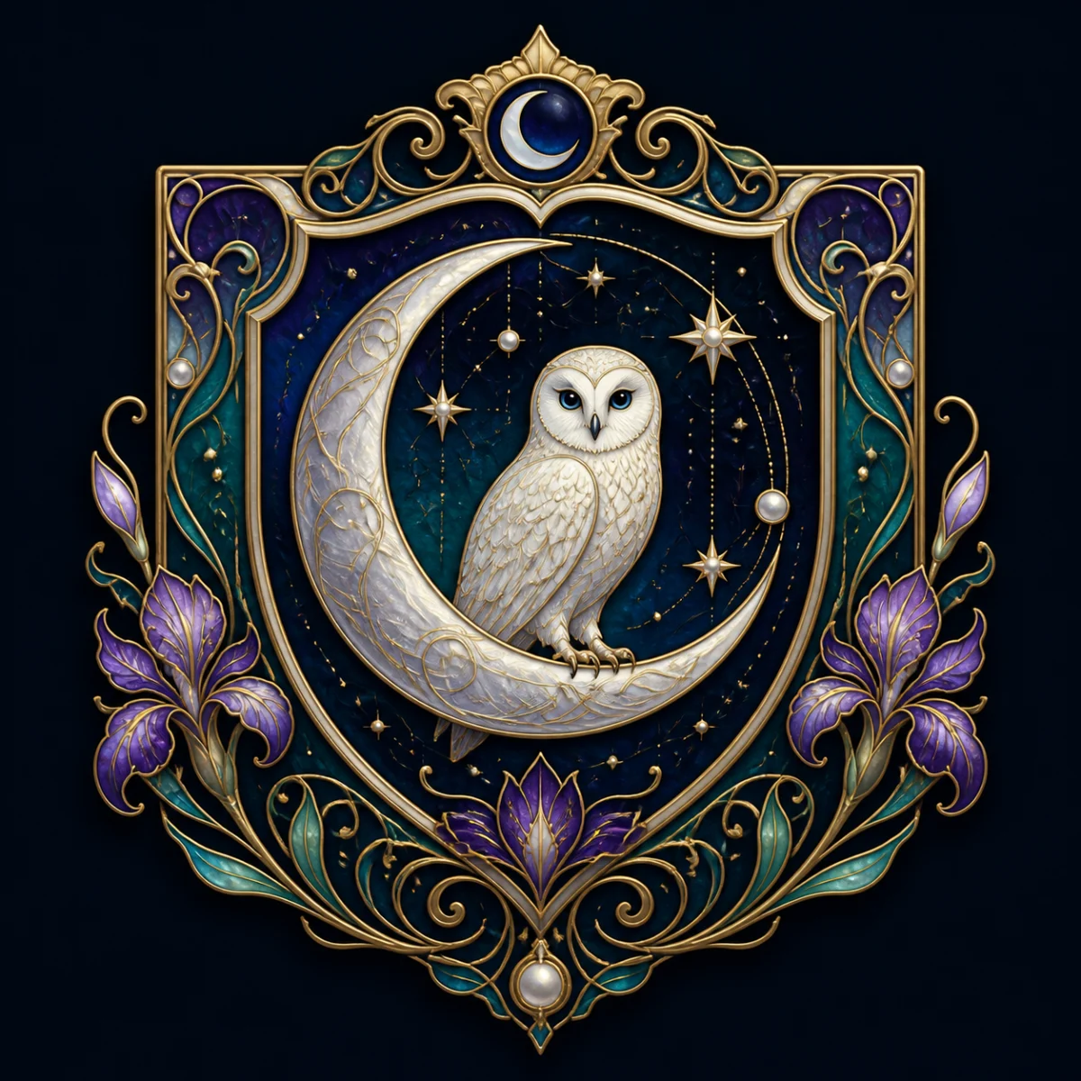Art Nouveau enamel crest with a white owl and silver crescent moon
