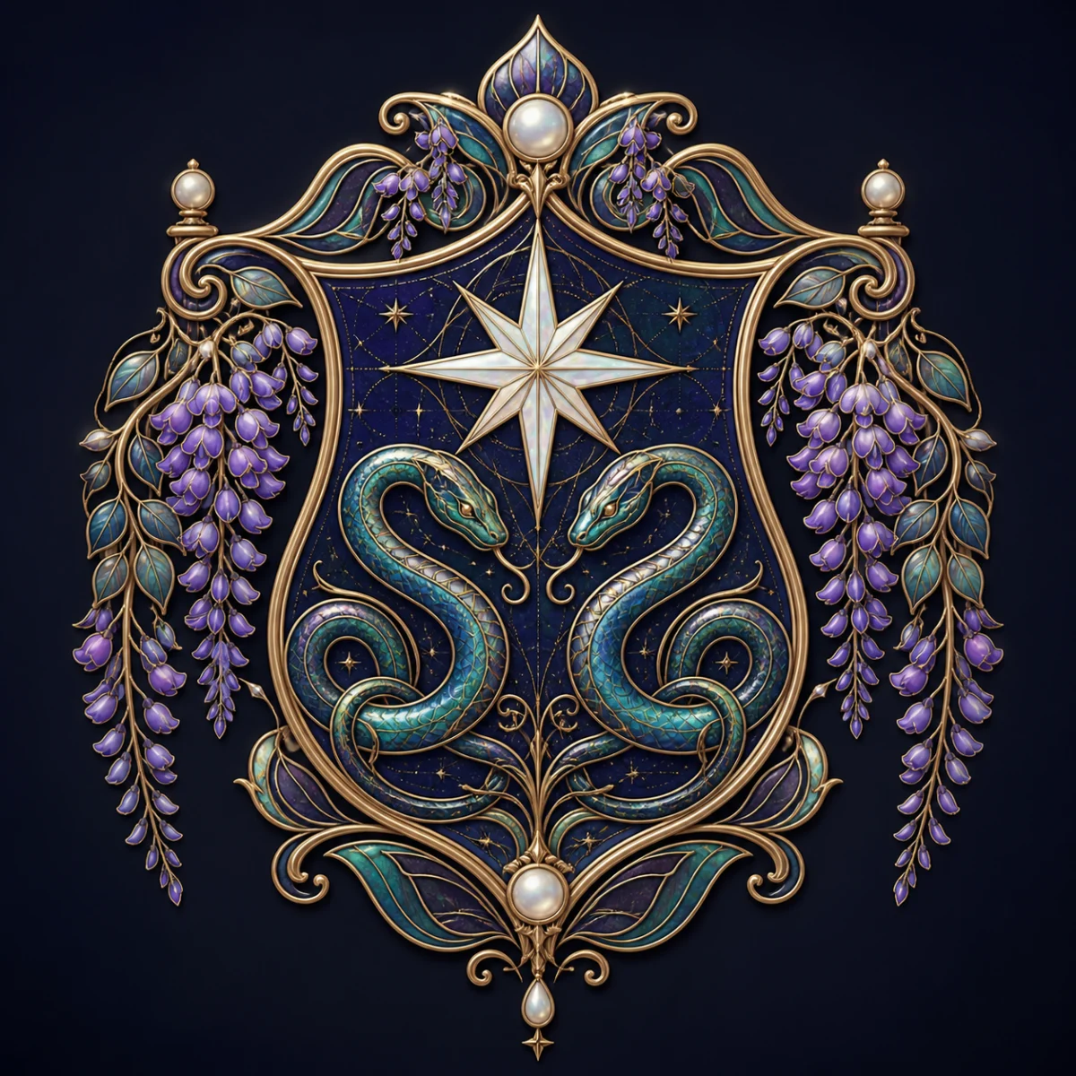 Art Nouveau enamel crest with a pearl star and mirrored teal serpents
