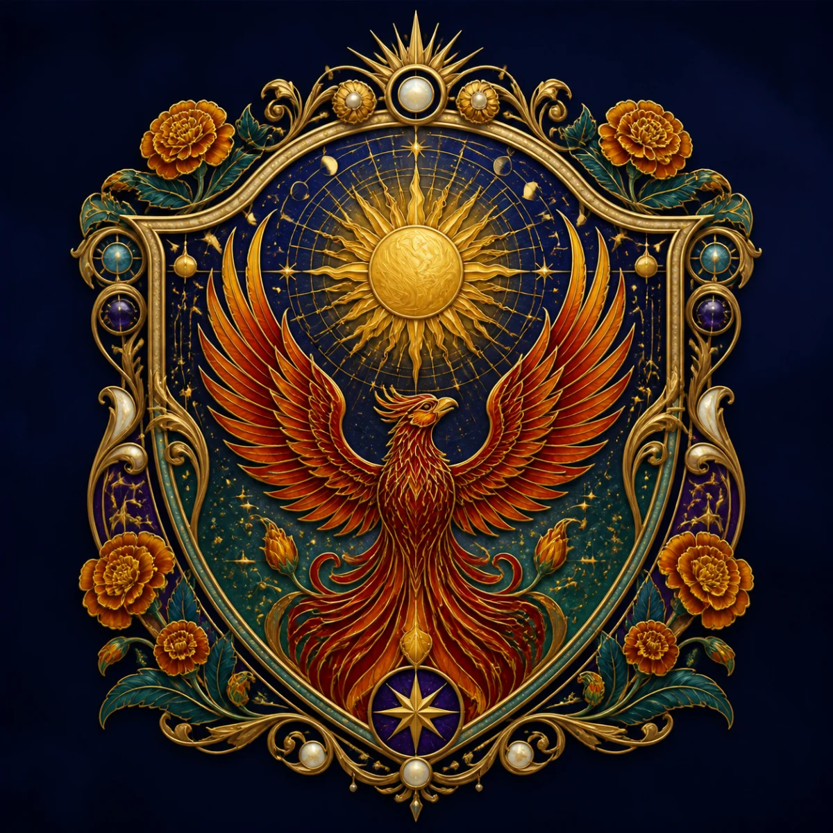 Art Nouveau enamel crest with a golden sun and crimson phoenix