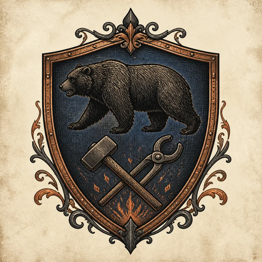 Black bear, hammer, and tongs crest for the Forge House