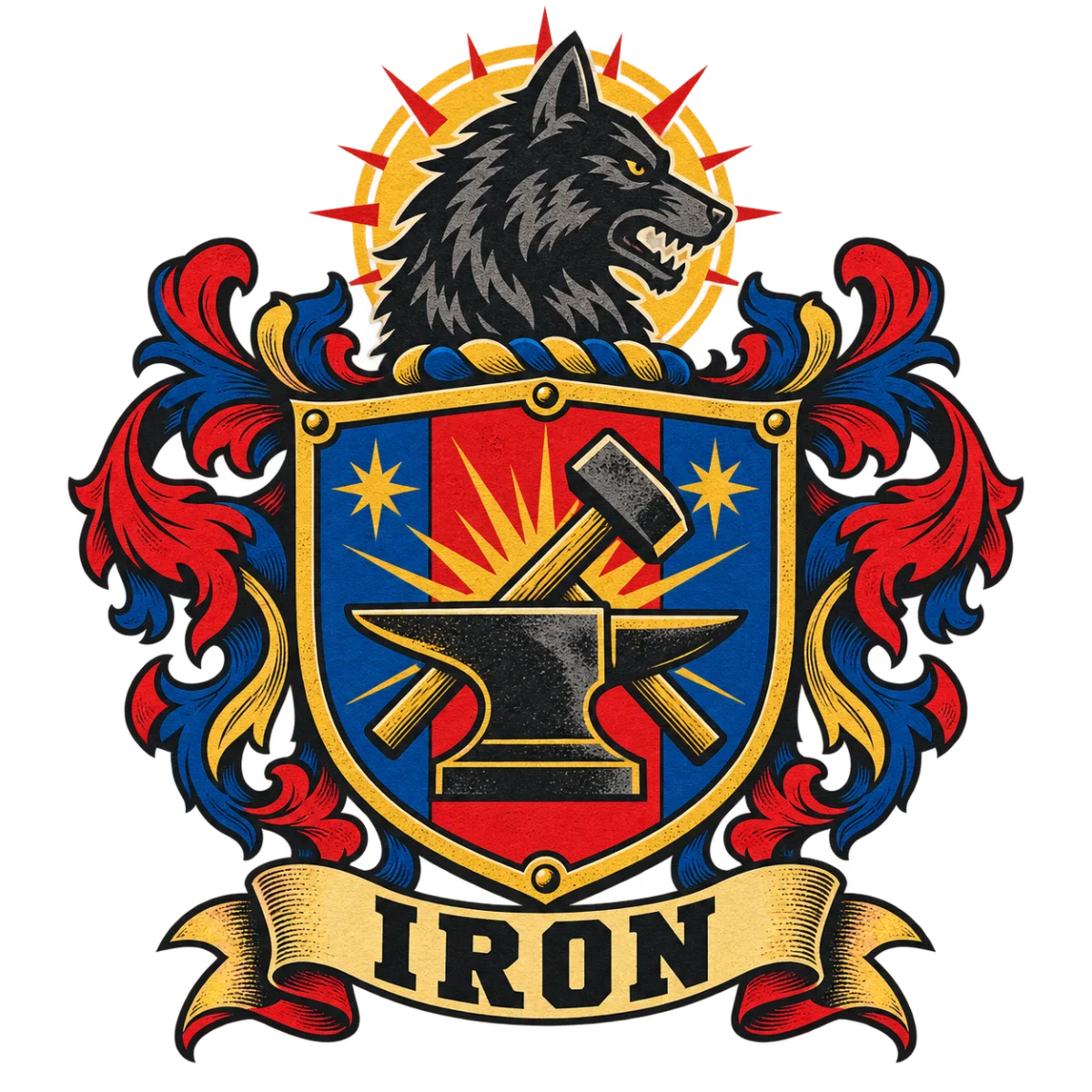 Bold screen-print crest with a black wolf, hammer, anvil, and the word IRON