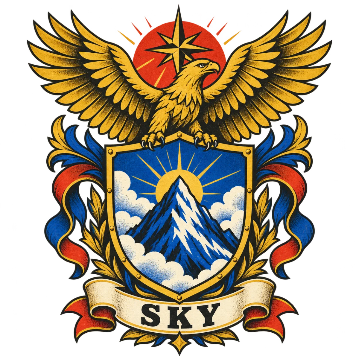 Bold screen-print crest with a golden eagle, mountain, and the word SKY