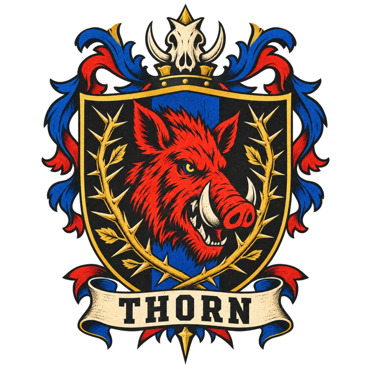 Bold screen-print crest with a vermilion boar, thorns, and the word THORN
