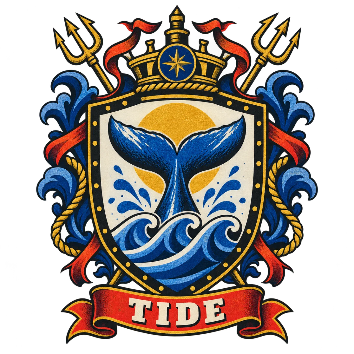 Bold screen-print crest with a whale tail, waves, and the word TIDE