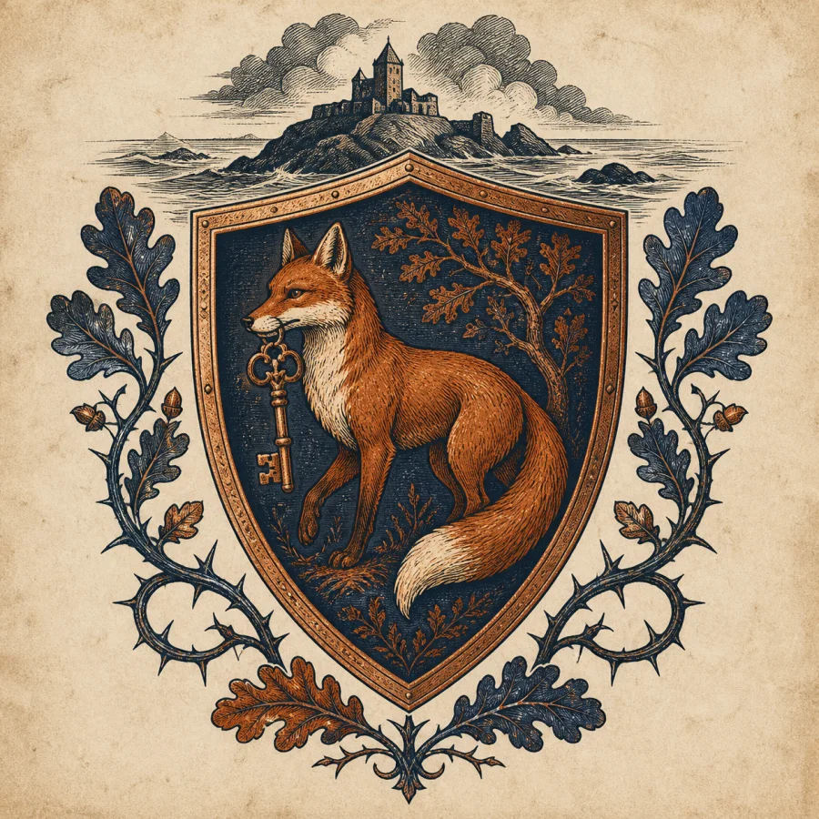 Copper fox and antique key crest for the Woodland House