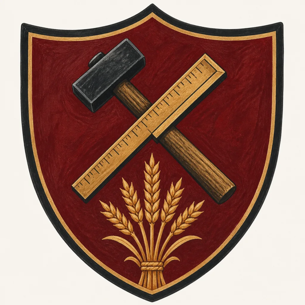 Craft family crest example with a hammer, carpenter ruler, and wheat sheaf