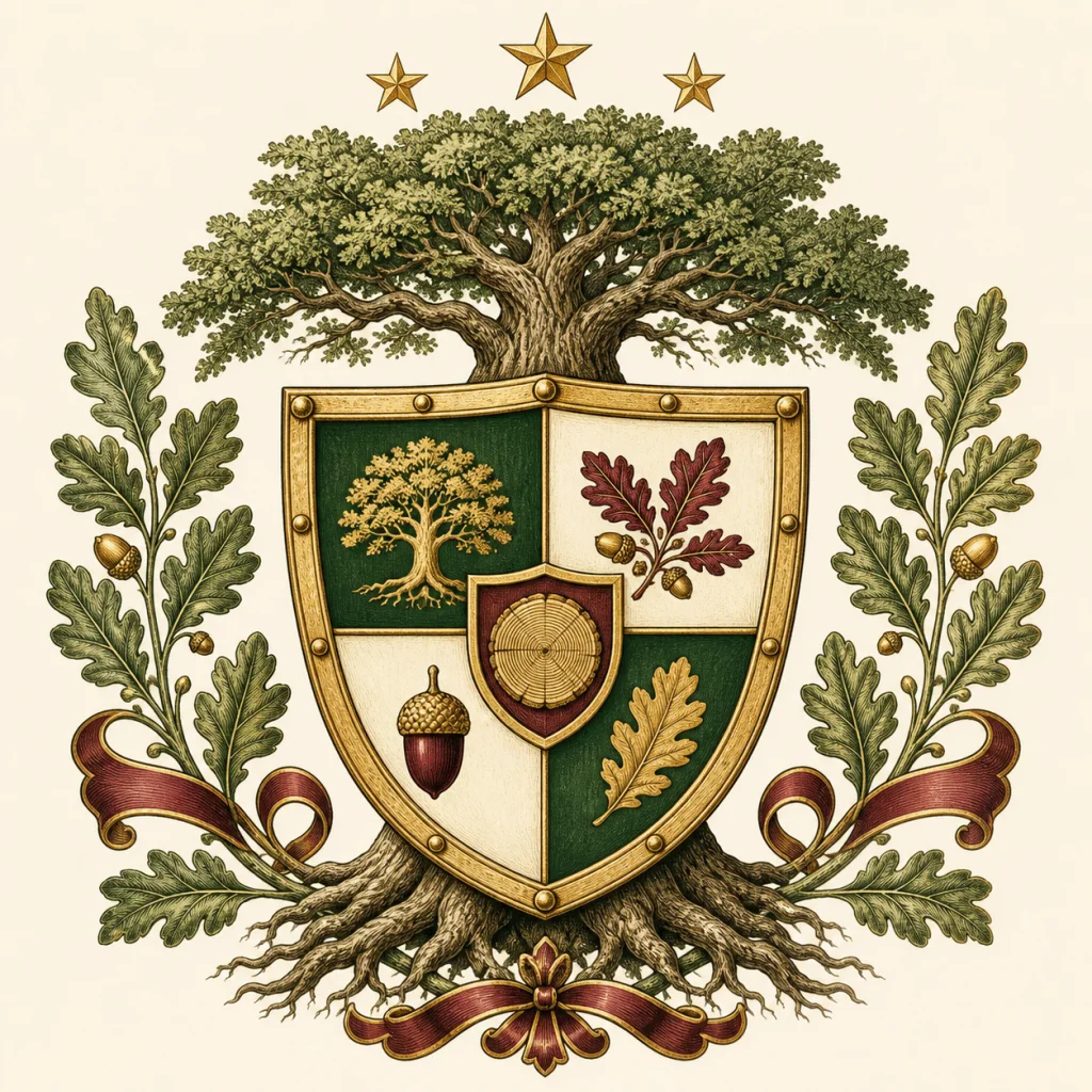 Family crest example with an oak tree, roots, stars, and heraldic leaves