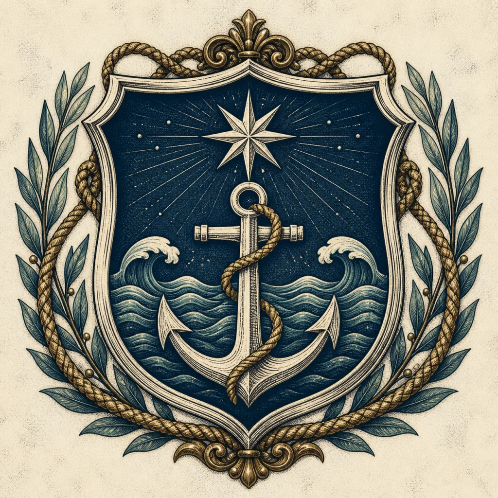 Maritime family crest example with an anchor, guiding star, waves, and rope ornaments