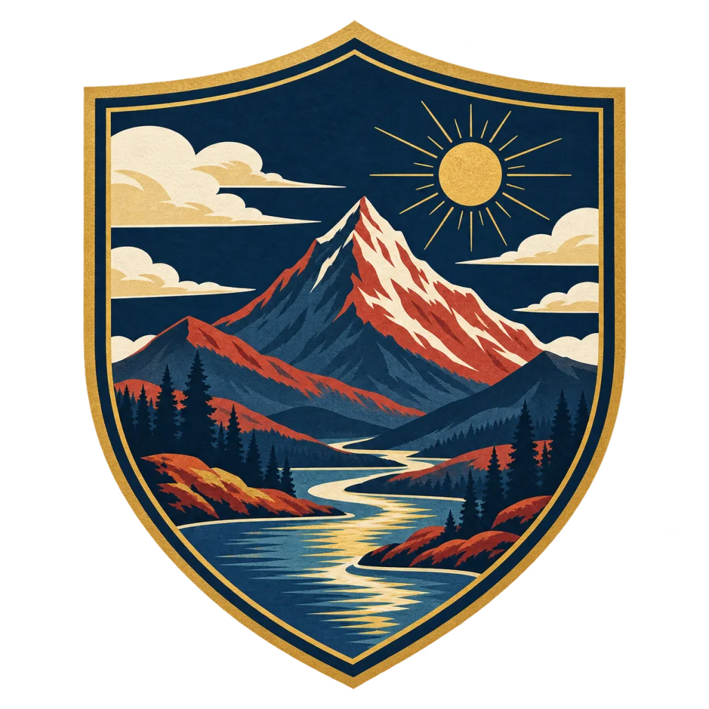 Modern minimalist family crest example with a mountain, river, and rising sun