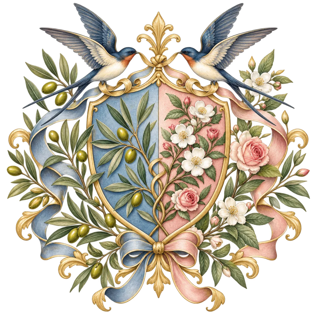 Newlywed family crest example with two swallows and intertwined flowering branches