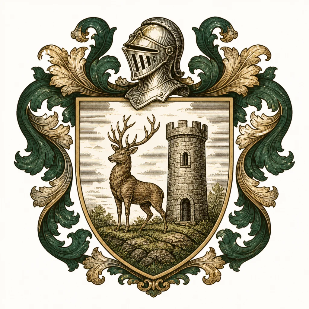 Traditional engraved family crest example with a stag, stone tower, helm, and mantling